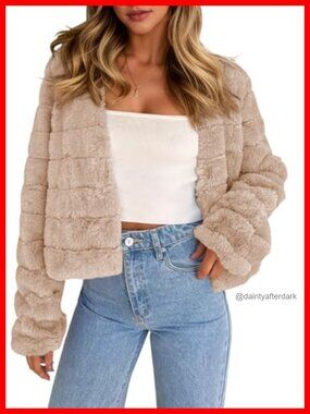 Cropped Faux Fur Jacket Long Sleeve Open Front Fluffy Coat
